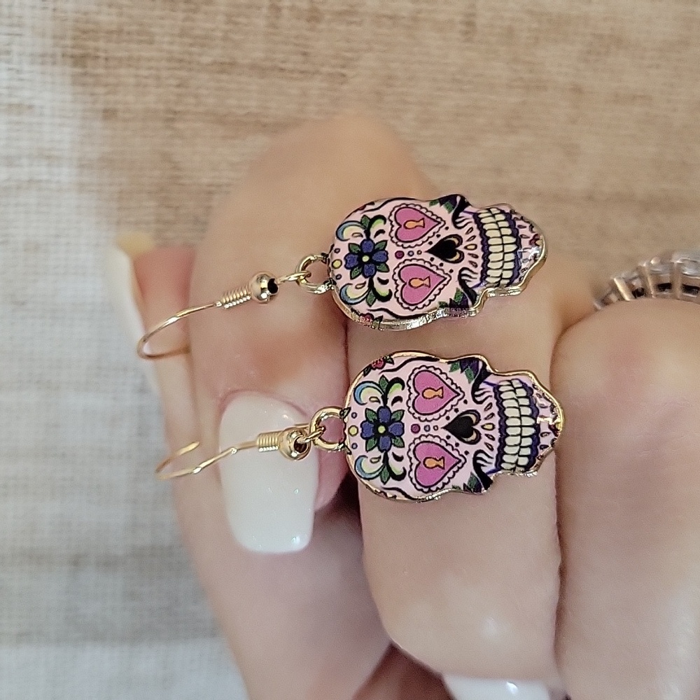 Sugar Skull Pink and Gold Earrings